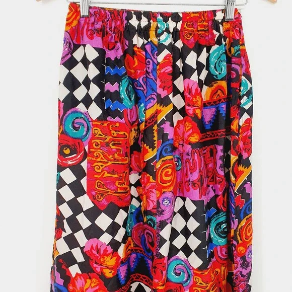 VTG 90s Carole Little Sport Silk Colorful Abstract Maximalism Midi Skirt Size 6 - Picture 4 of 8